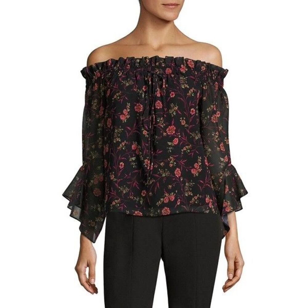 Scripted Black Floral Peasant Blouse Off The Shoulder Size S. NEW